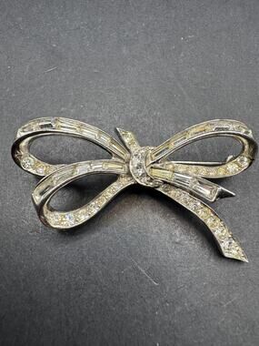 Vtg Marcel Boucher Bow Brooch Pin SIlver Tone Emerald Cut and Round Crystal 5266